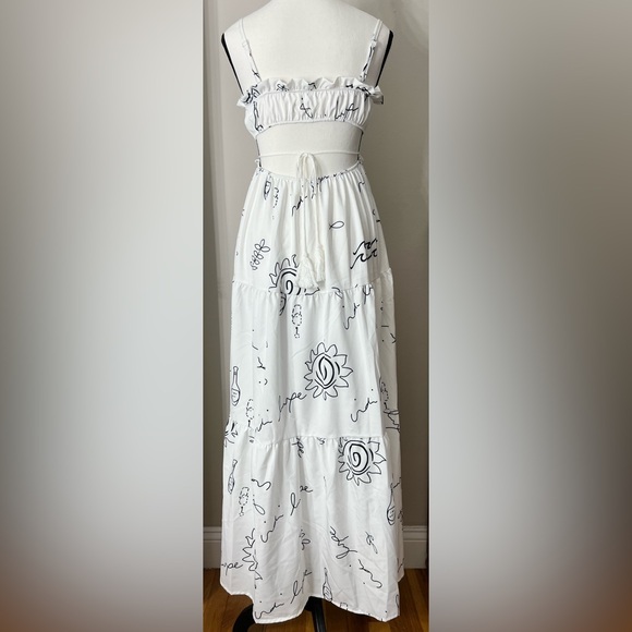 White Navy Blue Tie Front Cut Out Tiered Maxi Dress - Picture 8 of 15